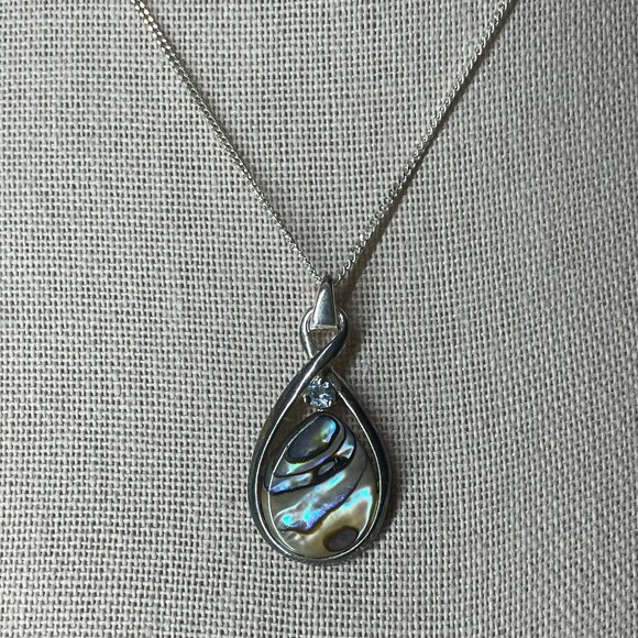 18" Sterling Silver Round Blue Topaz & Abalone Shell Necklace Vintage - Picture 5 of 6